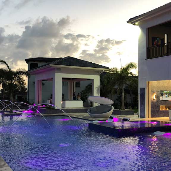  linear pool design style, with swimup bar, water features